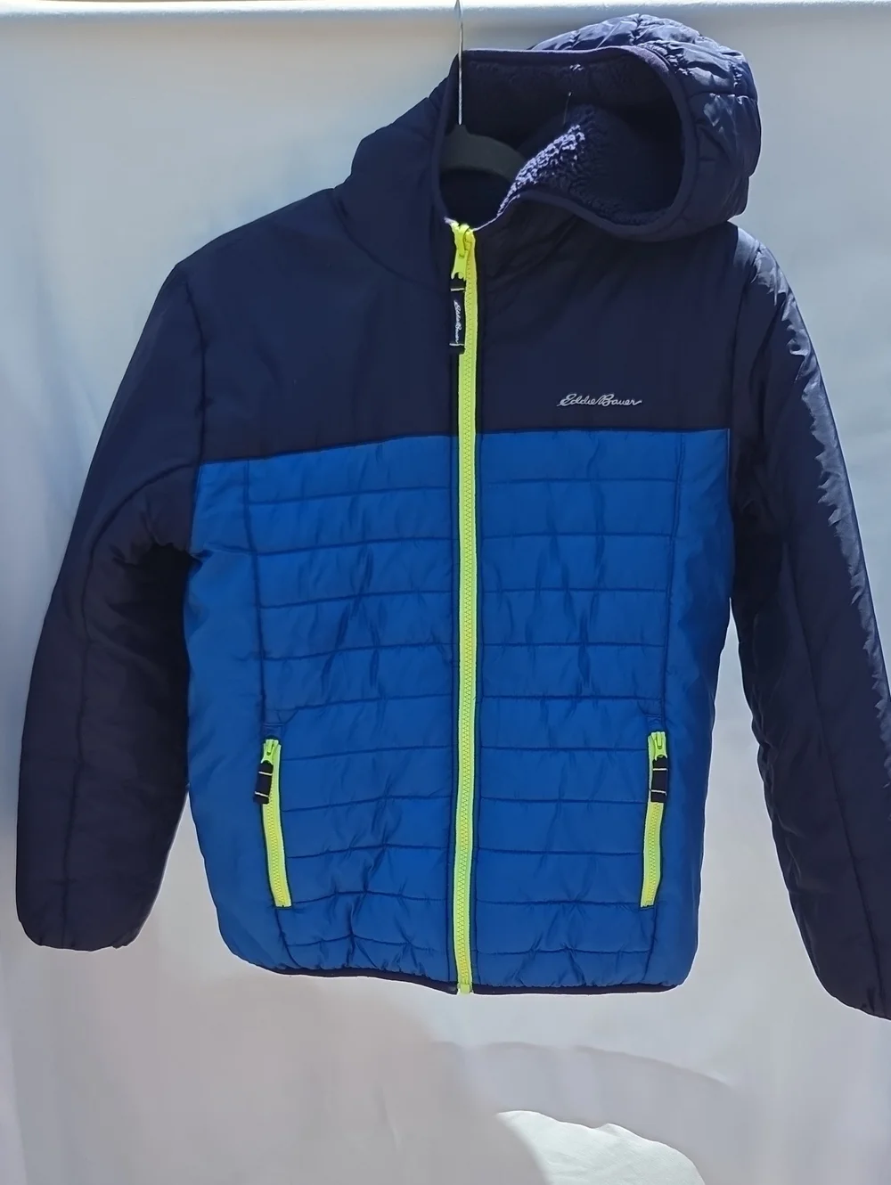 Eddie Bauer (Reversable) Blue & Navy Hooded Puffer Jacket with Neon Accents.
